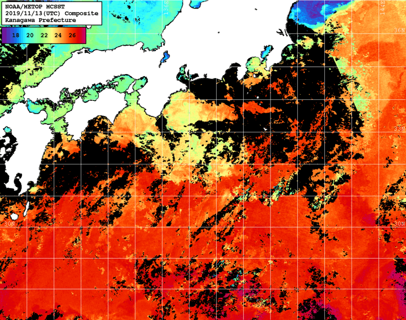 NOAA、MetOp 人工衛星画像 検索結果, 水温分布を図示