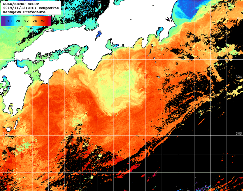NOAA、MetOp 人工衛星画像 検索結果, 水温分布を図示
