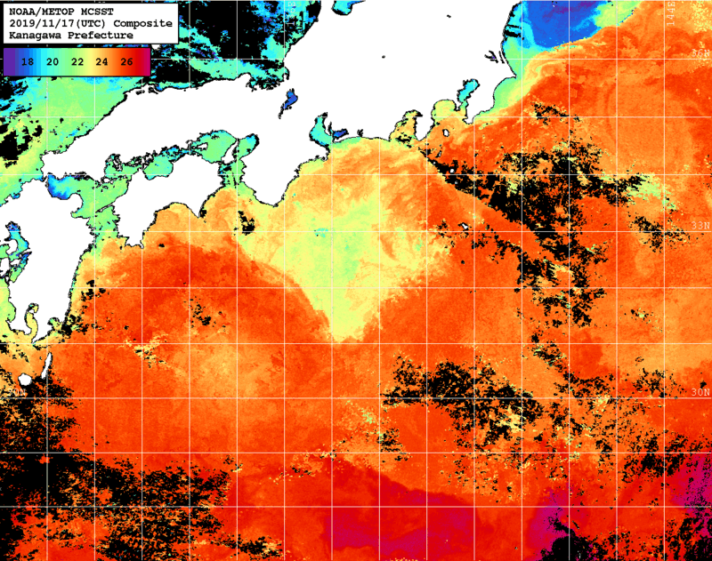 NOAA、MetOp 人工衛星画像 検索結果, 水温分布を図示