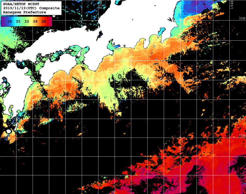 NOAA、MetOp 人工衛星画像 検索結果, 水温分布を図示
