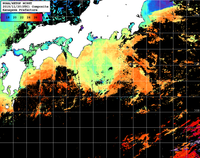 NOAA、MetOp 人工衛星画像 検索結果, 水温分布を図示