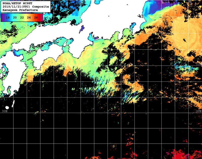 NOAA、MetOp 人工衛星画像 検索結果, 水温分布を図示