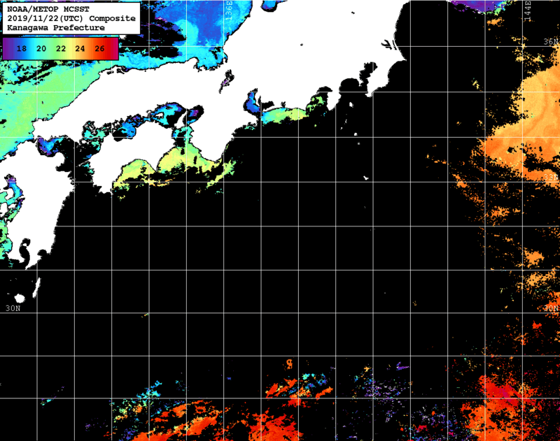 NOAA、MetOp 人工衛星画像 検索結果, 水温分布を図示
