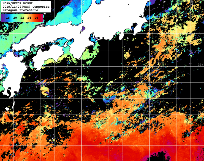 NOAA、MetOp 人工衛星画像 検索結果, 水温分布を図示