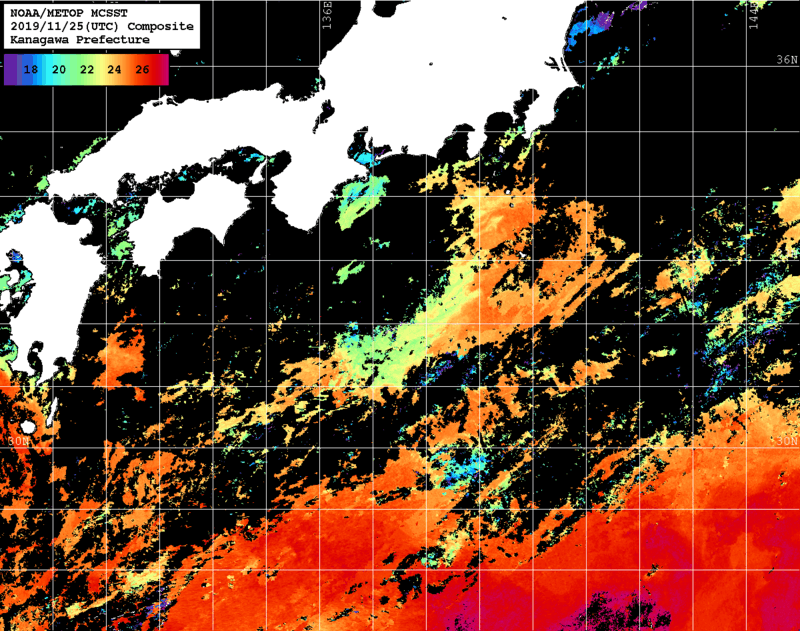 NOAA、MetOp 人工衛星画像 検索結果, 水温分布を図示