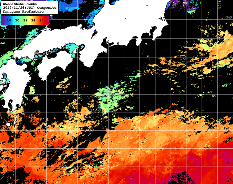 NOAA、MetOp 人工衛星画像 検索結果, 水温分布を図示