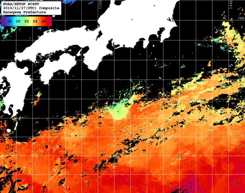 NOAA、MetOp 人工衛星画像 検索結果, 水温分布を図示