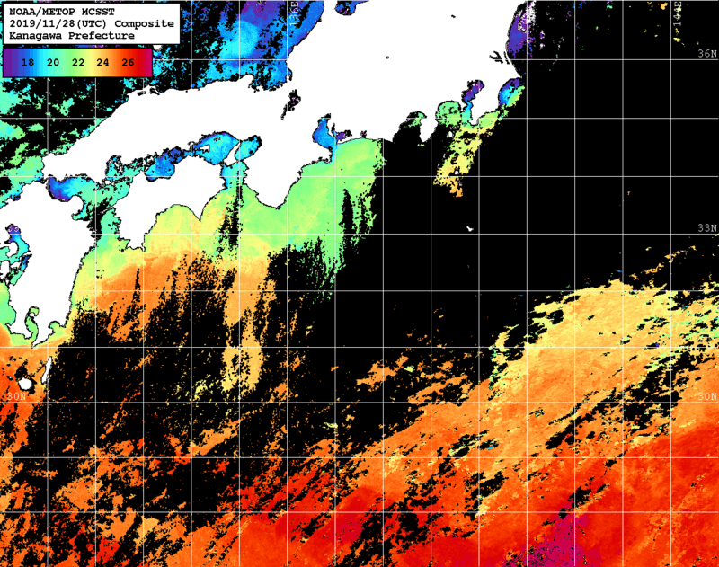 NOAA、MetOp 人工衛星画像 検索結果, 水温分布を図示