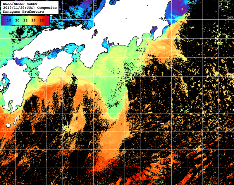 NOAA、MetOp 人工衛星画像 検索結果, 水温分布を図示