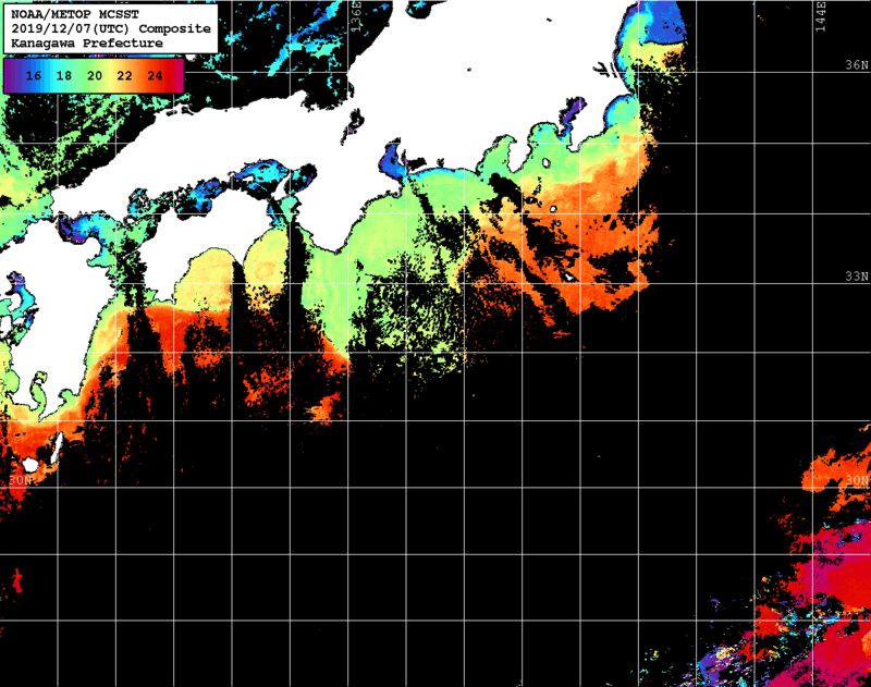 NOAA、MetOp 人工衛星画像 検索結果, 水温分布を図示