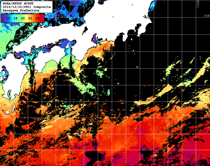 NOAA、MetOp 人工衛星画像 検索結果, 水温分布を図示