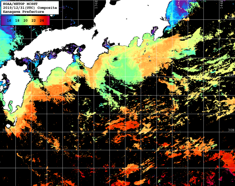 NOAA、MetOp 人工衛星画像 検索結果, 水温分布を図示