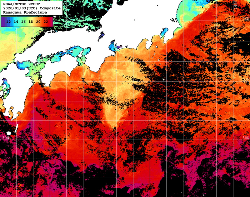 NOAA、MetOp 人工衛星画像 検索結果, 水温分布を図示