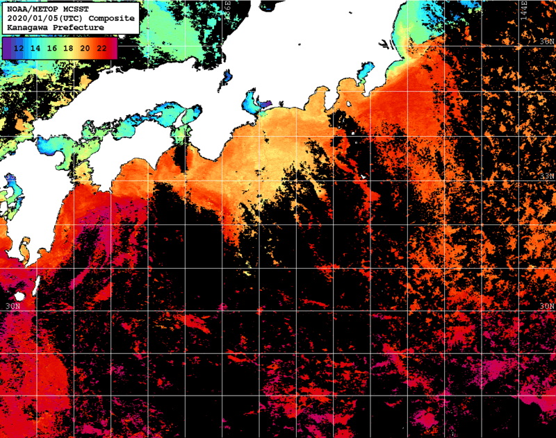 NOAA、MetOp 人工衛星画像 検索結果, 水温分布を図示