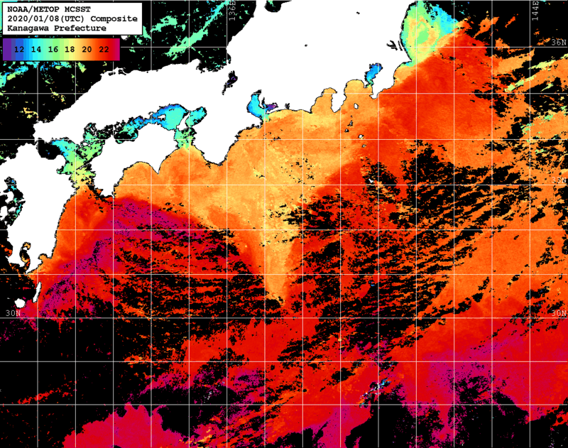 NOAA、MetOp 人工衛星画像 検索結果, 水温分布を図示