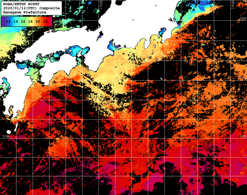 NOAA、MetOp 人工衛星画像 検索結果, 水温分布を図示