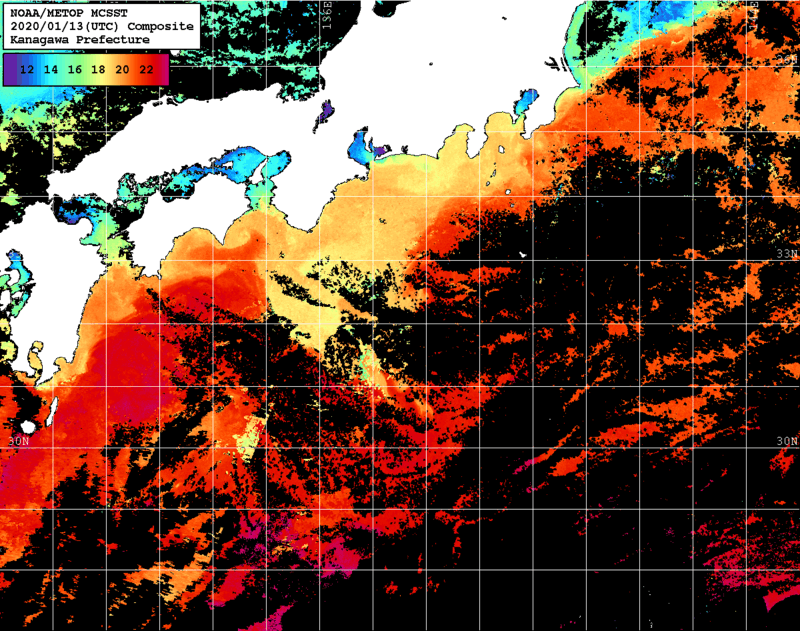 NOAA、MetOp 人工衛星画像 検索結果, 水温分布を図示