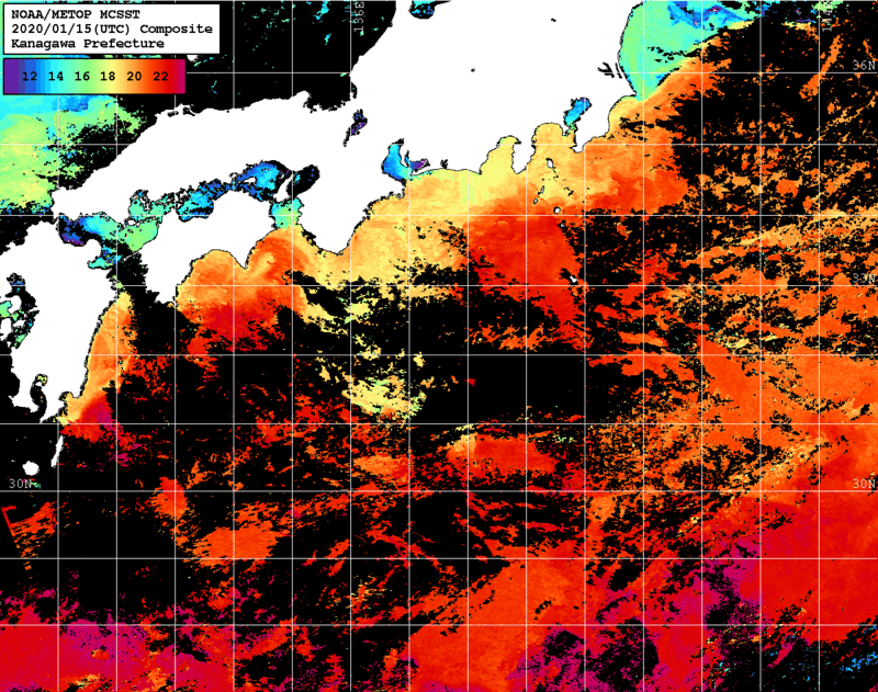 NOAA、MetOp 人工衛星画像 検索結果, 水温分布を図示