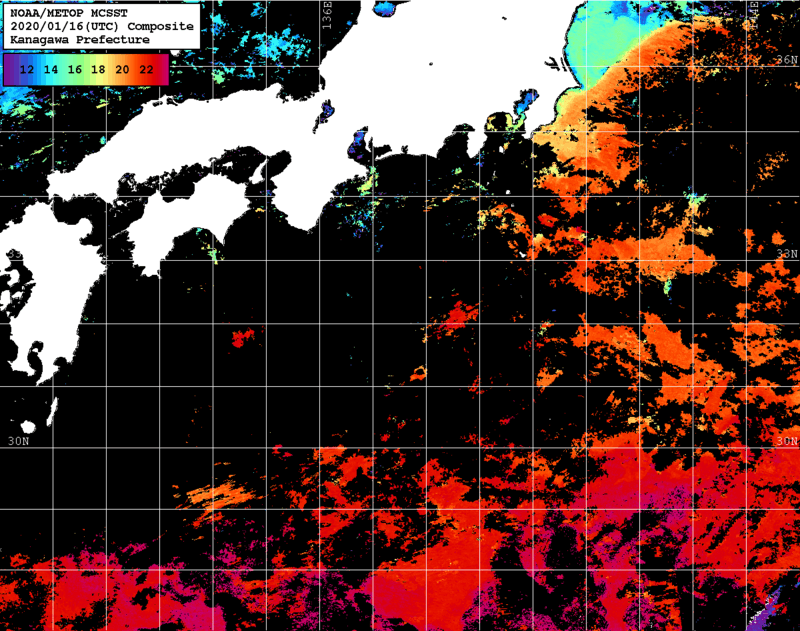 NOAA、MetOp 人工衛星画像 検索結果, 水温分布を図示