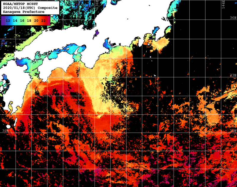 NOAA、MetOp 人工衛星画像 検索結果, 水温分布を図示