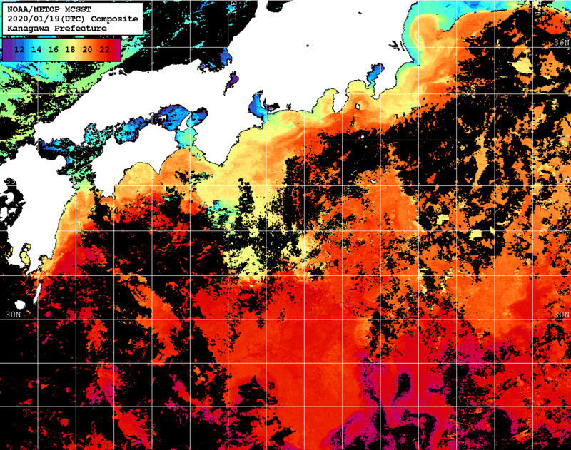 NOAA、MetOp 人工衛星画像 検索結果, 水温分布を図示