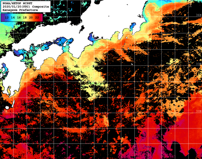 NOAA、MetOp 人工衛星画像 検索結果, 水温分布を図示