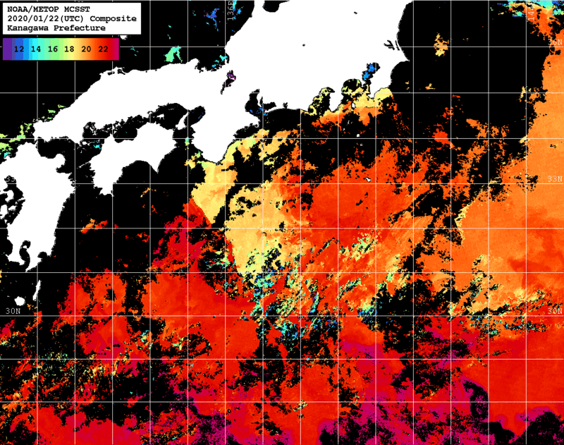 NOAA、MetOp 人工衛星画像 検索結果, 水温分布を図示