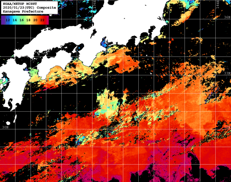 NOAA、MetOp 人工衛星画像 検索結果, 水温分布を図示