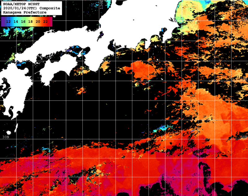 NOAA、MetOp 人工衛星画像 検索結果, 水温分布を図示
