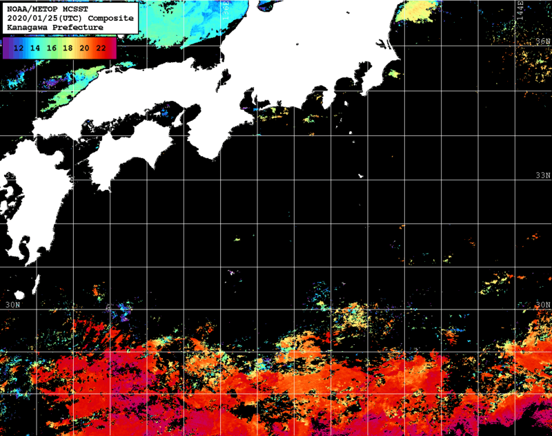 NOAA、MetOp 人工衛星画像 検索結果, 水温分布を図示