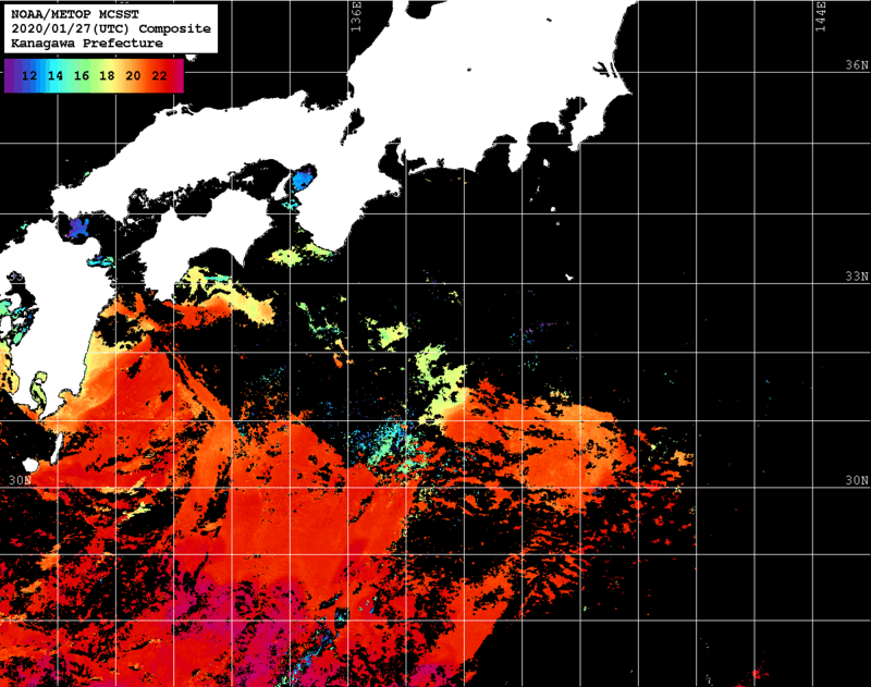 NOAA、MetOp 人工衛星画像 検索結果, 水温分布を図示