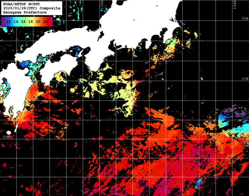 NOAA、MetOp 人工衛星画像 検索結果, 水温分布を図示