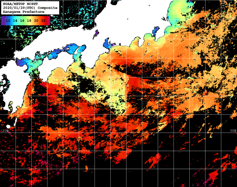 NOAA、MetOp 人工衛星画像 検索結果, 水温分布を図示
