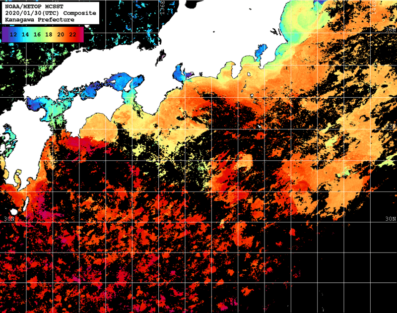 NOAA、MetOp 人工衛星画像 検索結果, 水温分布を図示