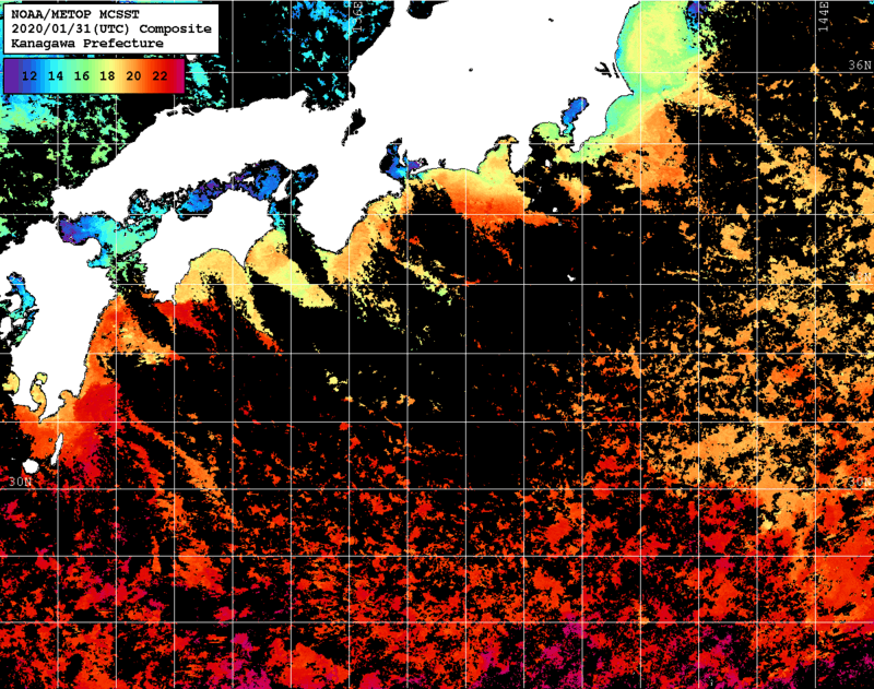 NOAA、MetOp 人工衛星画像 検索結果, 水温分布を図示