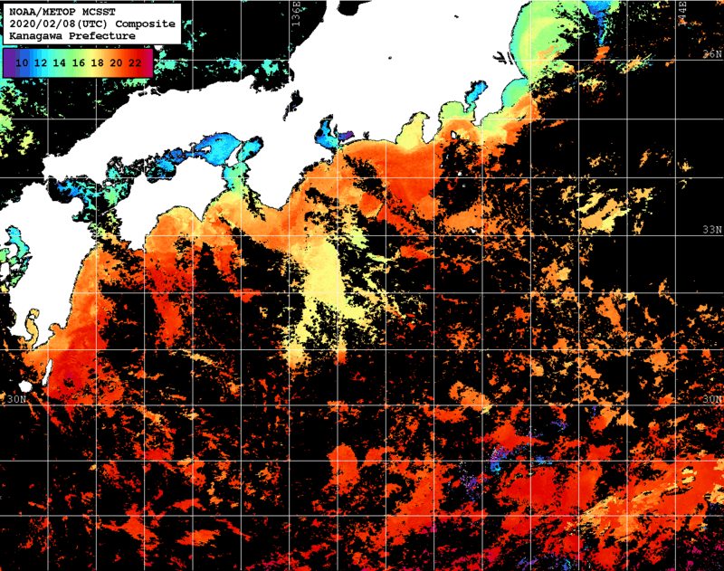 NOAA、MetOp 人工衛星画像 検索結果, 水温分布を図示