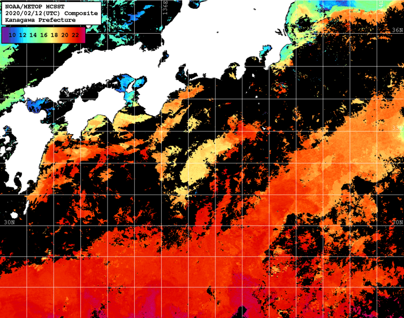 NOAA、MetOp 人工衛星画像 検索結果, 水温分布を図示