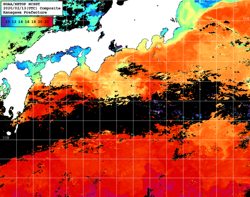 NOAA、MetOp 人工衛星画像 検索結果, 水温分布を図示