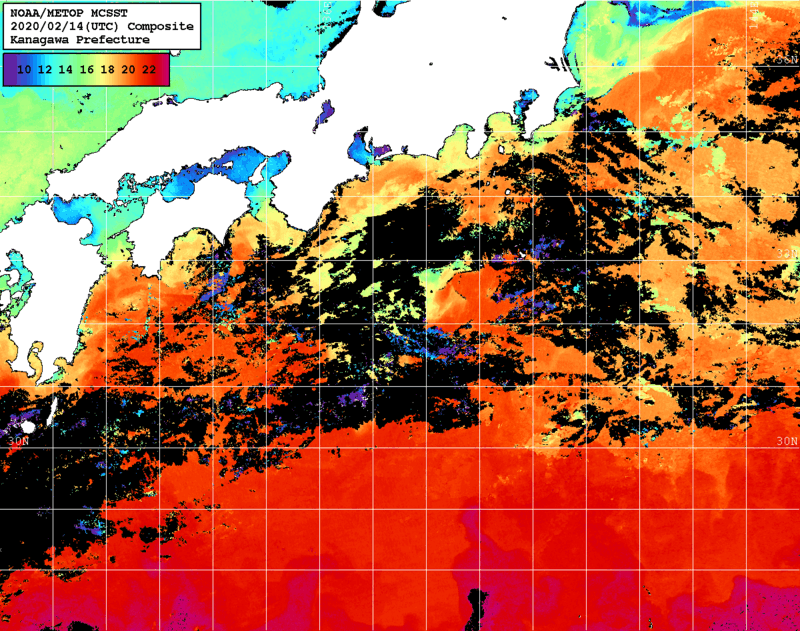 NOAA、MetOp 人工衛星画像 検索結果, 水温分布を図示