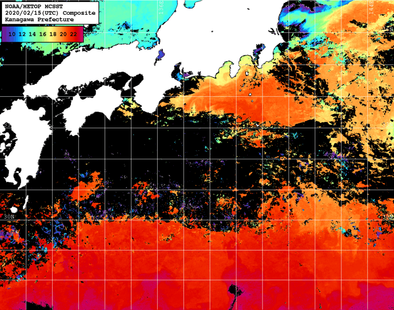 NOAA、MetOp 人工衛星画像 検索結果, 水温分布を図示