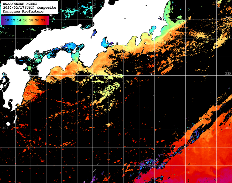 NOAA、MetOp 人工衛星画像 検索結果, 水温分布を図示