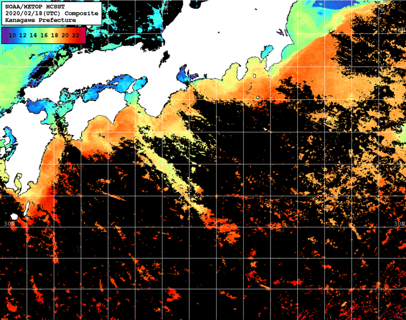 NOAA、MetOp 人工衛星画像 検索結果, 水温分布を図示