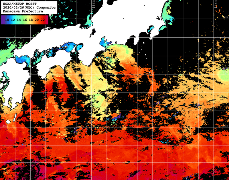 NOAA、MetOp 人工衛星画像 検索結果, 水温分布を図示