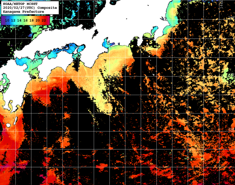 NOAA、MetOp 人工衛星画像 検索結果, 水温分布を図示