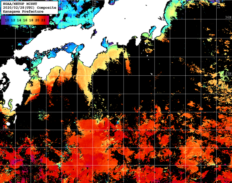 NOAA、MetOp 人工衛星画像 検索結果, 水温分布を図示