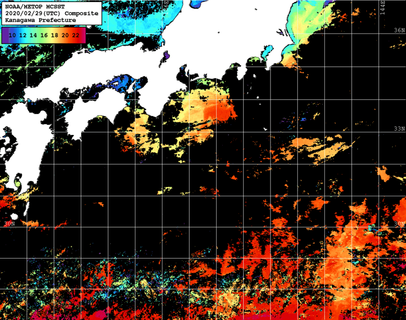 NOAA、MetOp 人工衛星画像 検索結果, 水温分布を図示