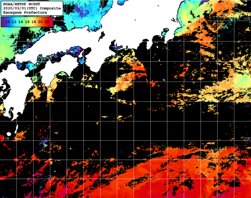NOAA、MetOp 人工衛星画像 検索結果, 水温分布を図示