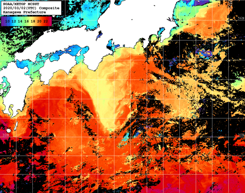 NOAA、MetOp 人工衛星画像 検索結果, 水温分布を図示