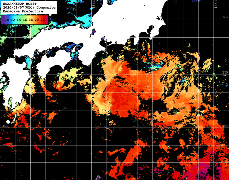 NOAA、MetOp 人工衛星画像 検索結果, 水温分布を図示