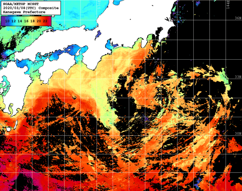 NOAA、MetOp 人工衛星画像 検索結果, 水温分布を図示